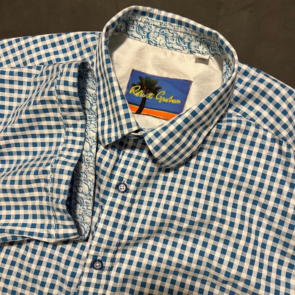 Robert Graham Men's‎ Button Front Shirt Size XLT Short Sleeves Blue White Check